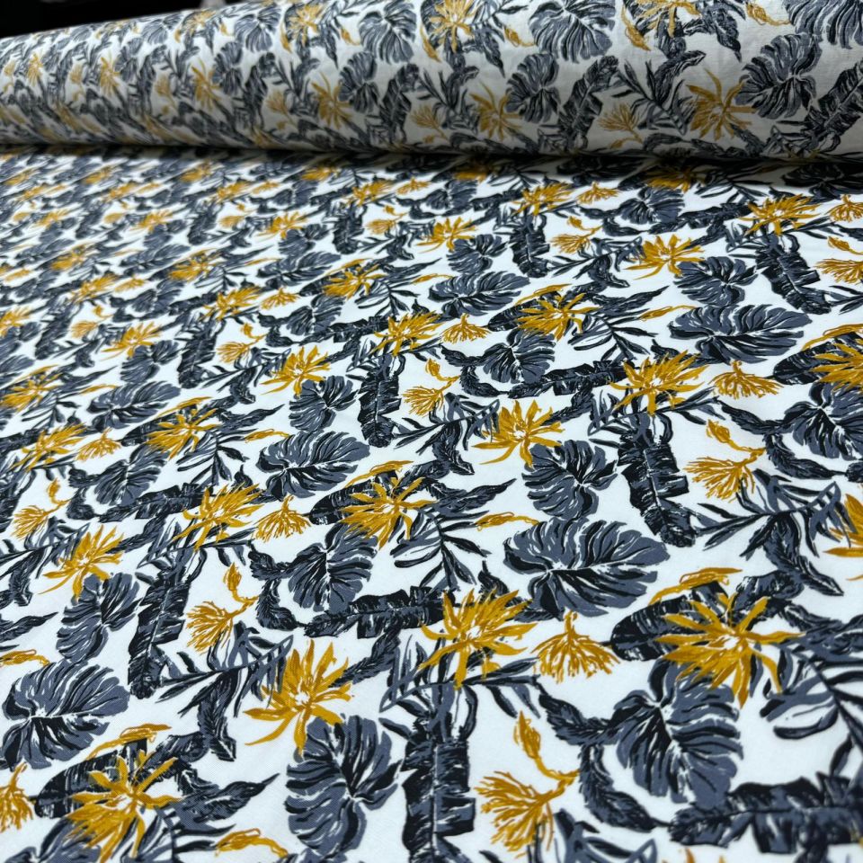 Poplin Kumaş Çift En Hardal Yaprak Desenli