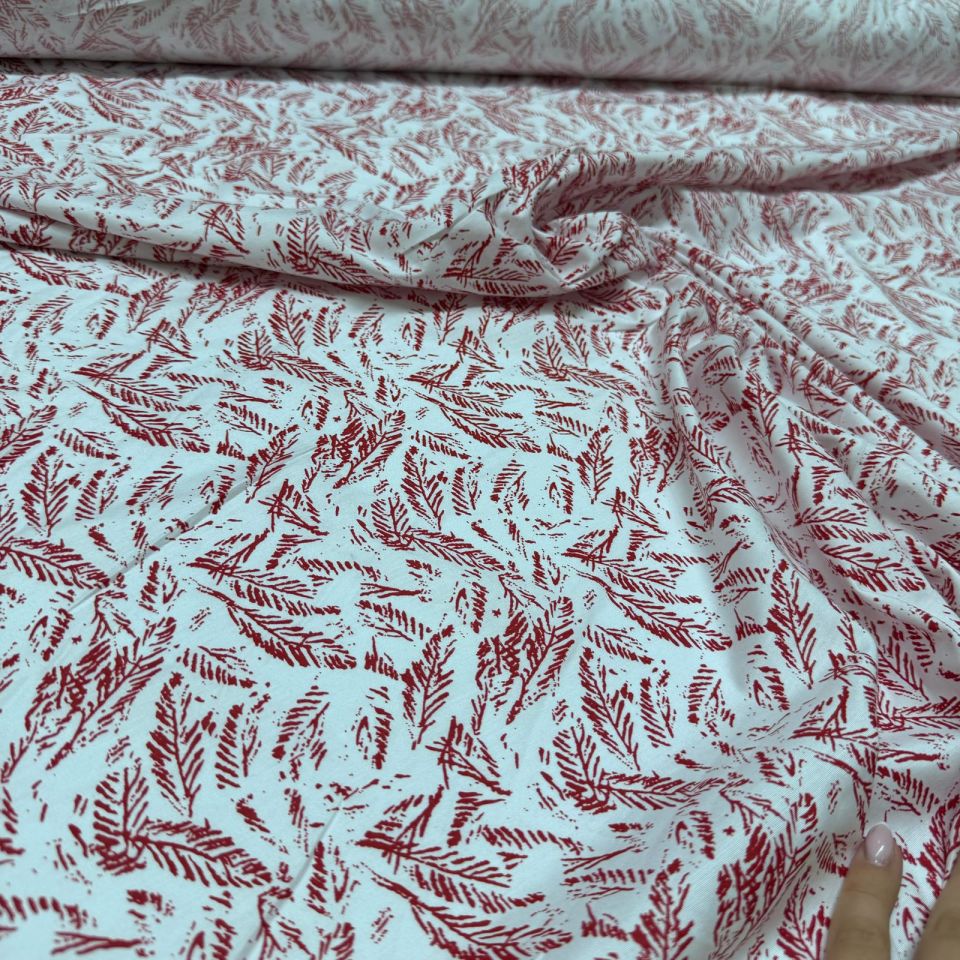 Poplin Kumaş Kırmızı Yaprak Desenli Çift En