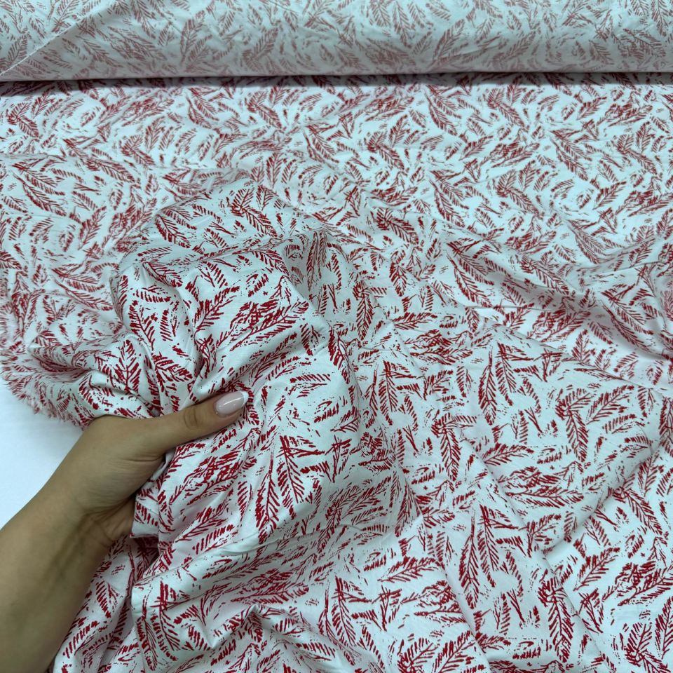 Poplin Kumaş Kırmızı Yaprak Desenli Çift En