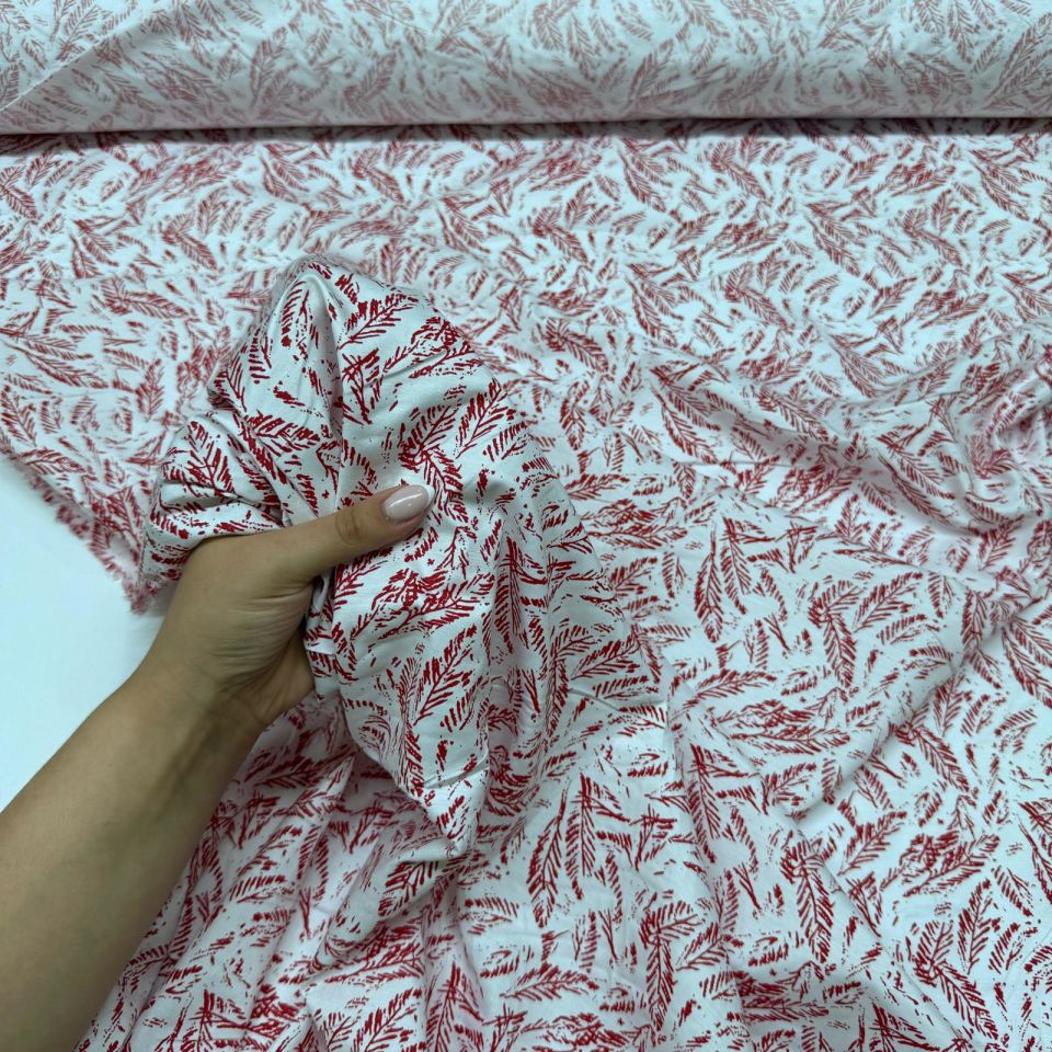 Poplin Kumaş Kırmızı Yaprak Desenli Çift En