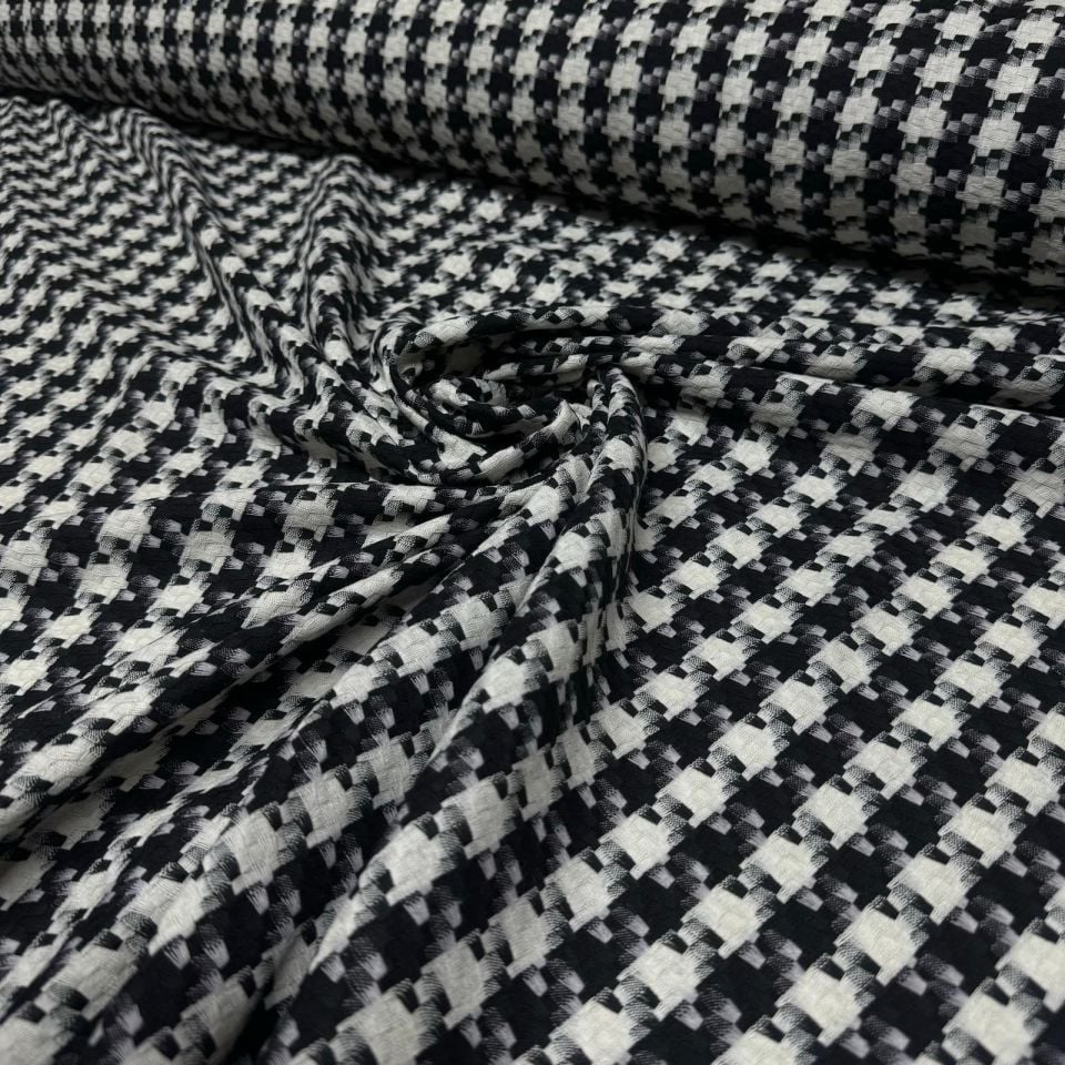 Tüvit Şanel Kumaş Kazayağı Desenli Çift En Siyah Beyaz