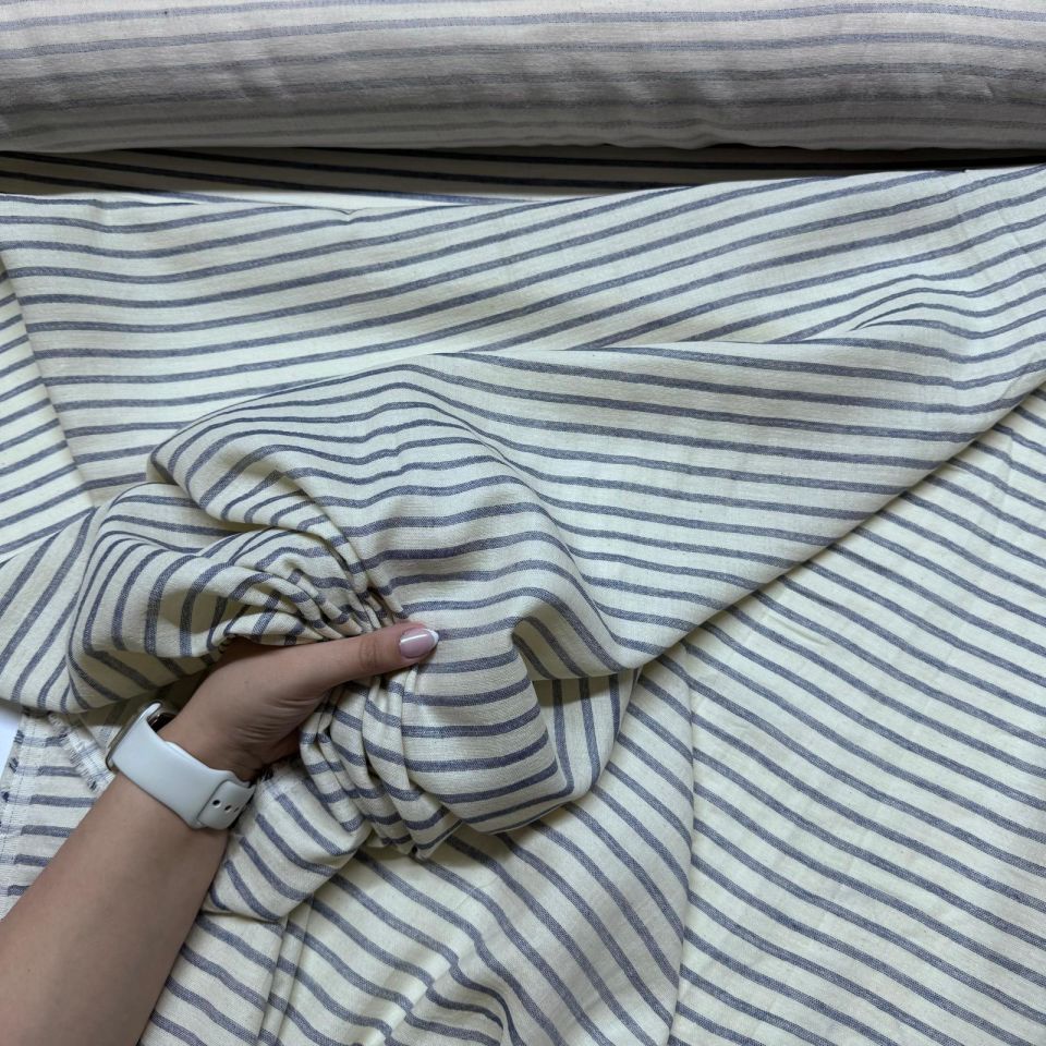 Organik Çift Kat Müslin Kumaş %100 Pamuk Enine Çizgili Mavi Ekru Renk