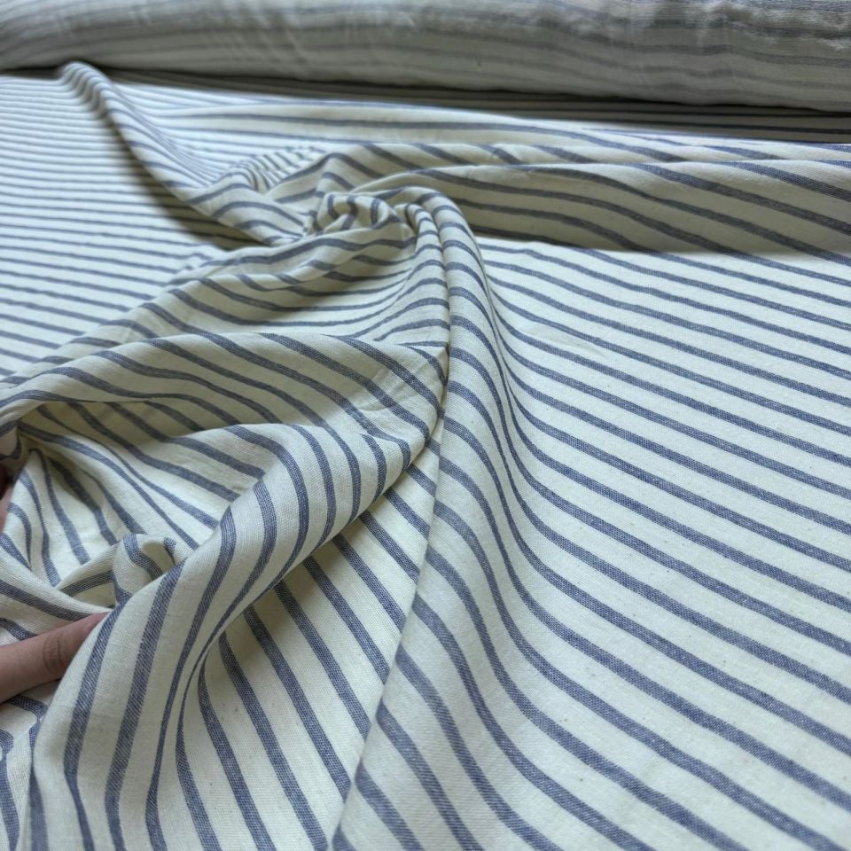Organik Çift Kat Müslin Kumaş %100 Pamuk Enine Çizgili Mavi Ekru Renk