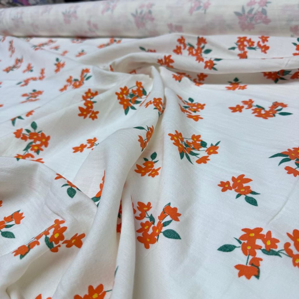 Organik Çift Kat Müslin Kumaş %100 Pamuk Turuncu Çiçekli