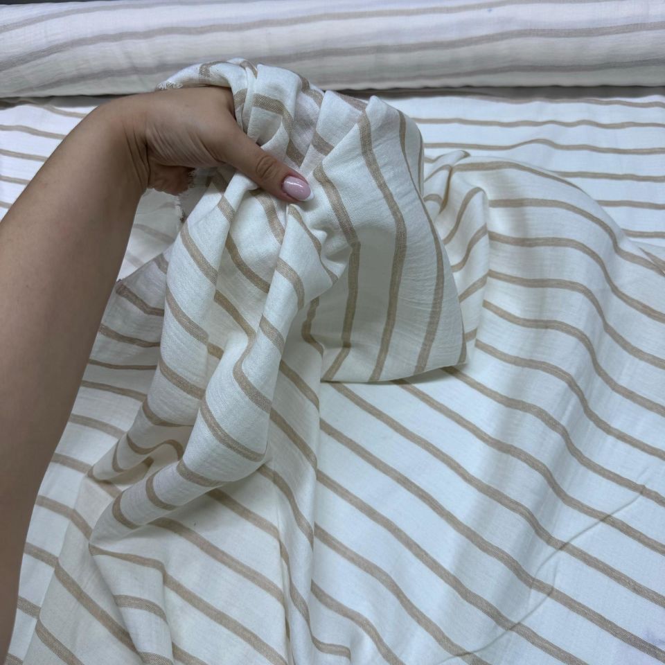 Organik Çift Kat Müslin Kumaş %100 Pamuk Enine Çizgili Bej Renk