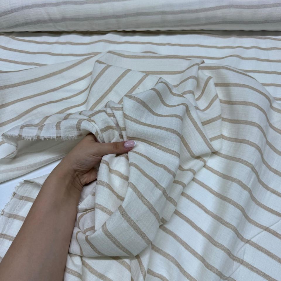 Organik Çift Kat Müslin Kumaş %100 Pamuk Enine Çizgili Bej Renk