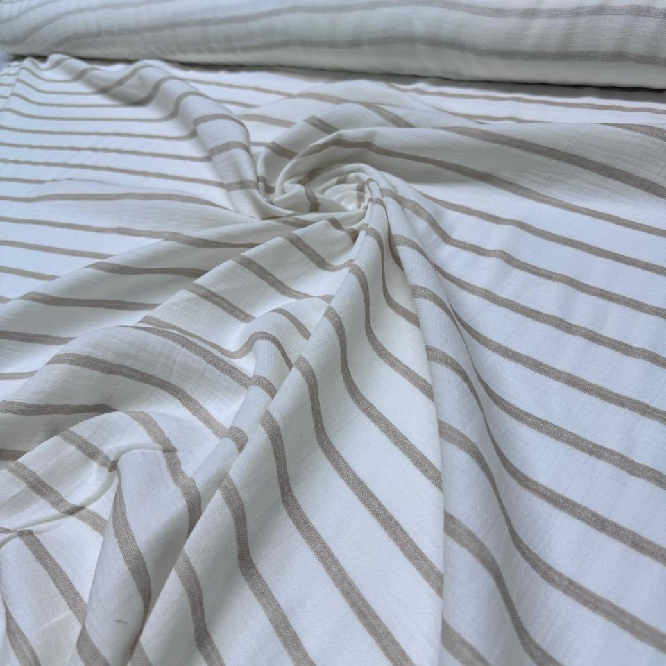 Organik Çift Kat Müslin Kumaş %100 Pamuk Enine Çizgili Bej Renk