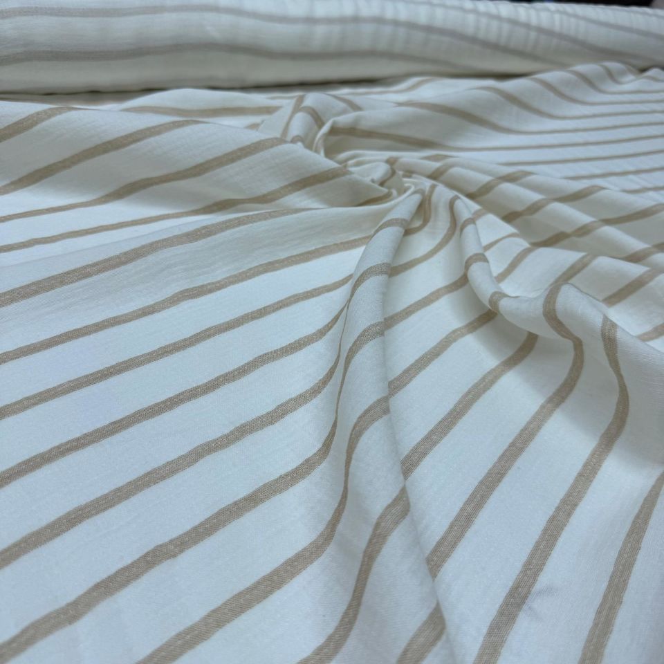 Organik Çift Kat Müslin Kumaş %100 Pamuk Enine Çizgili Bej Renk