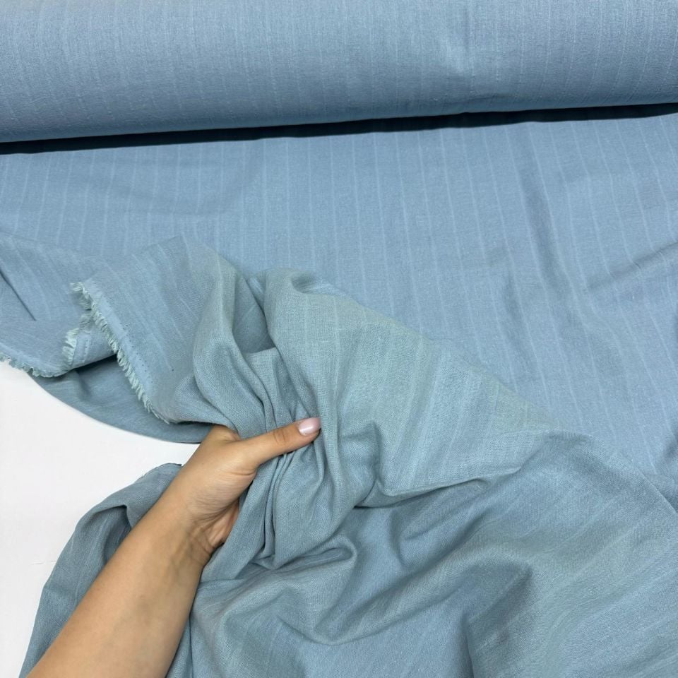 Çift Kat Müslin Kumaş Çift En Organik %100 İndigo Mavi Boyuna Çizgili Desen