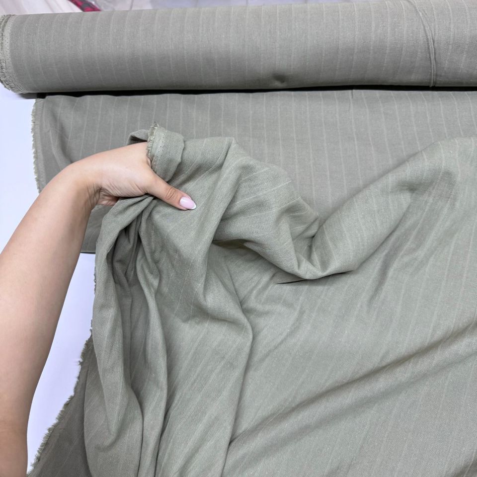 Çift Kat Müslin Kumaş Çift En Organik %100 Pamuk Haki Renk Boyuna Çizgili Desen