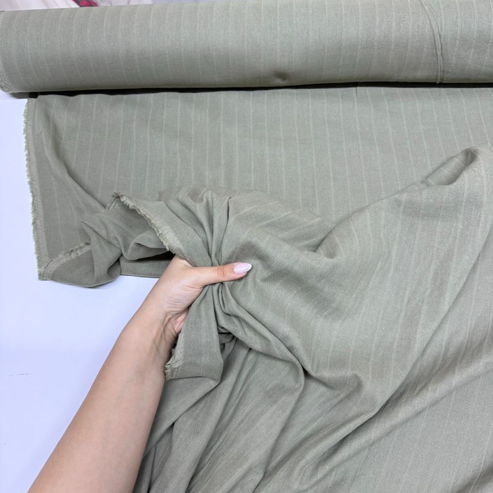 Çift Kat Müslin Kumaş Çift En Organik %100 Pamuk Haki Renk Boyuna Çizgili Desen