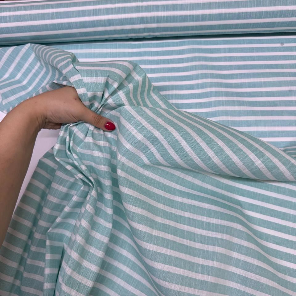 Flam Keten Kumaş %100 Pamuk Bebe Turkuaz Renk Enine Çizgili Çift En