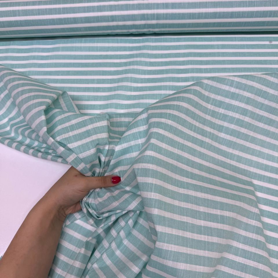 Flam Keten Kumaş %100 Pamuk Bebe Turkuaz Renk Enine Çizgili Çift En