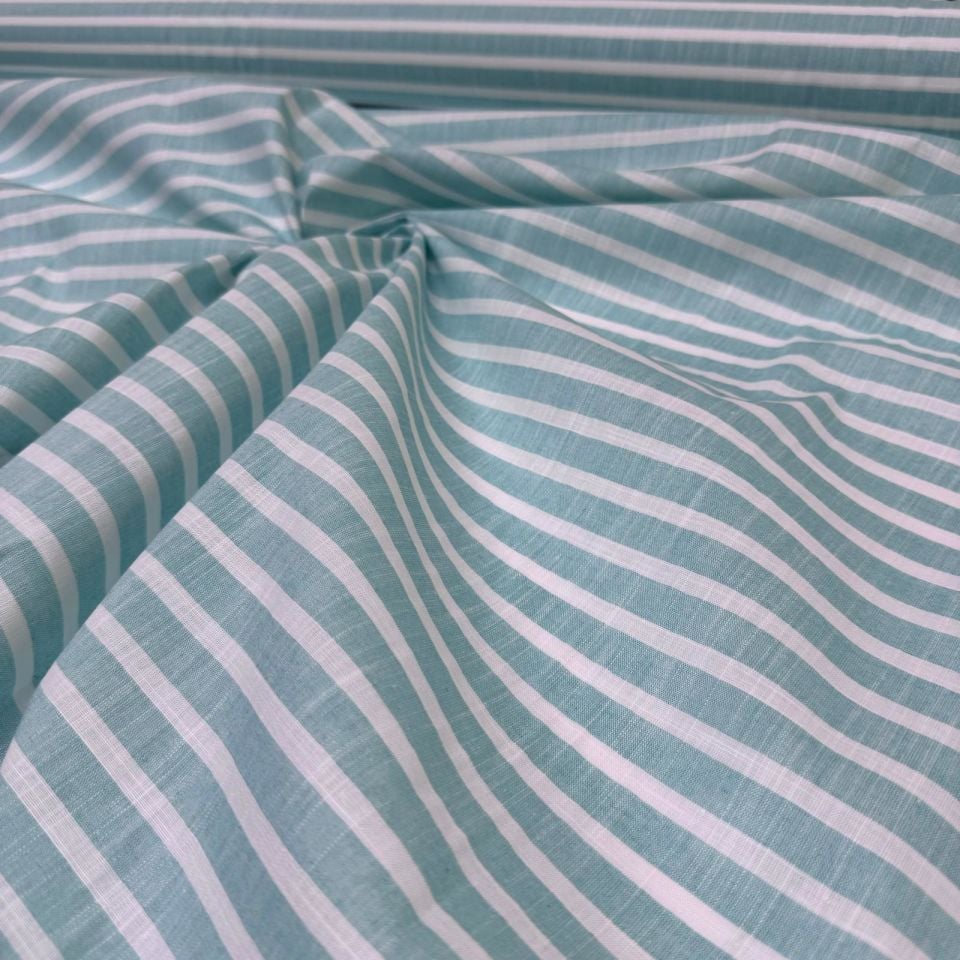 Flam Keten Kumaş %100 Pamuk Bebe Turkuaz Renk Enine Çizgili Çift En