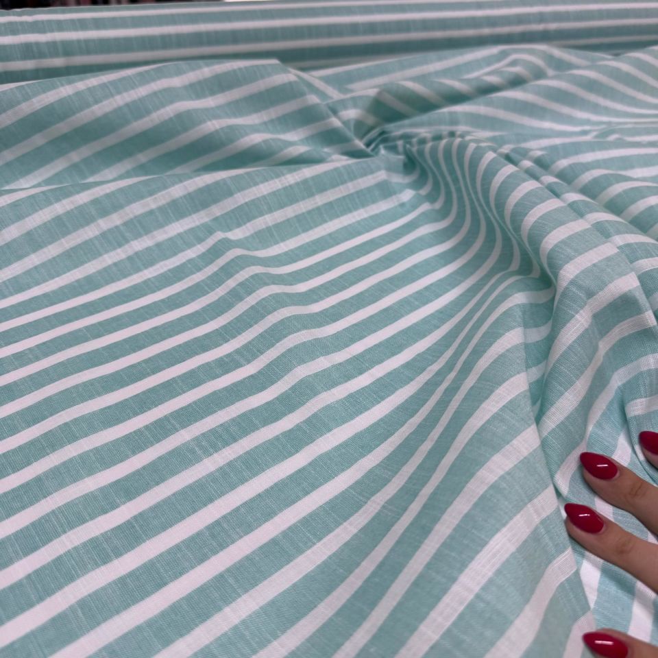 Flam Keten Kumaş %100 Pamuk Bebe Turkuaz Renk Enine Çizgili Çift En