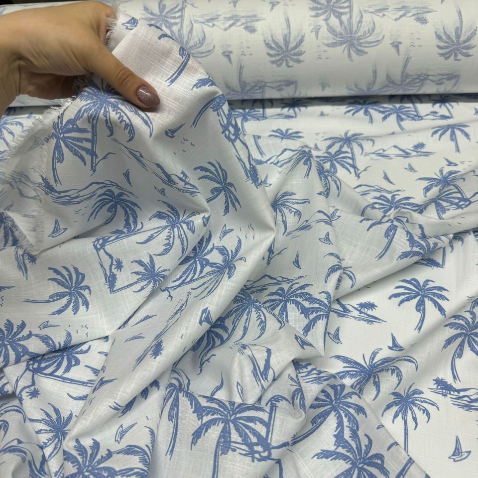 Flam Keten Kumaş %100 Pamuk Mavi Palmiye Desenli Çift En