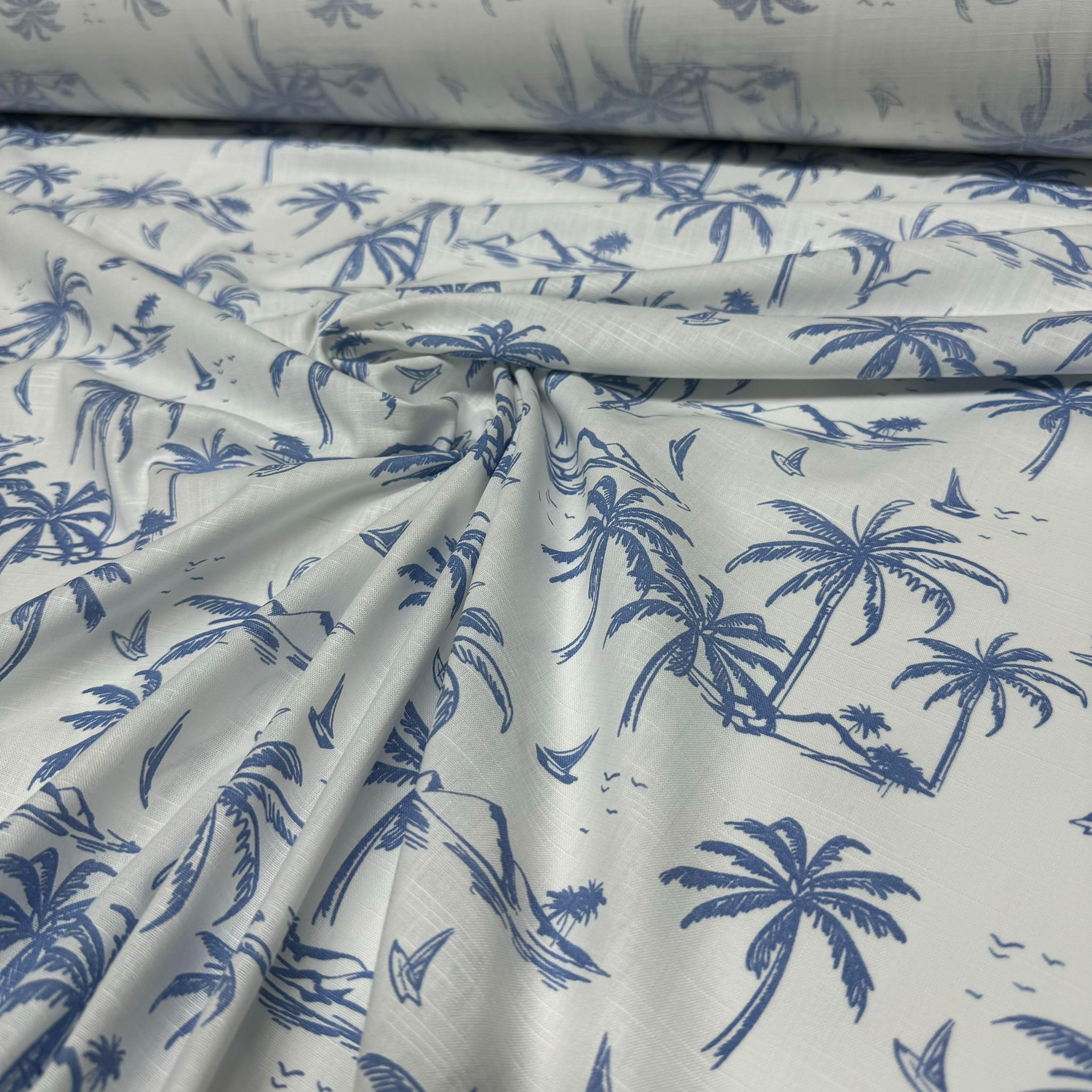Flam Keten Kumaş %100 Pamuk Mavi Palmiye Desenli Çift En