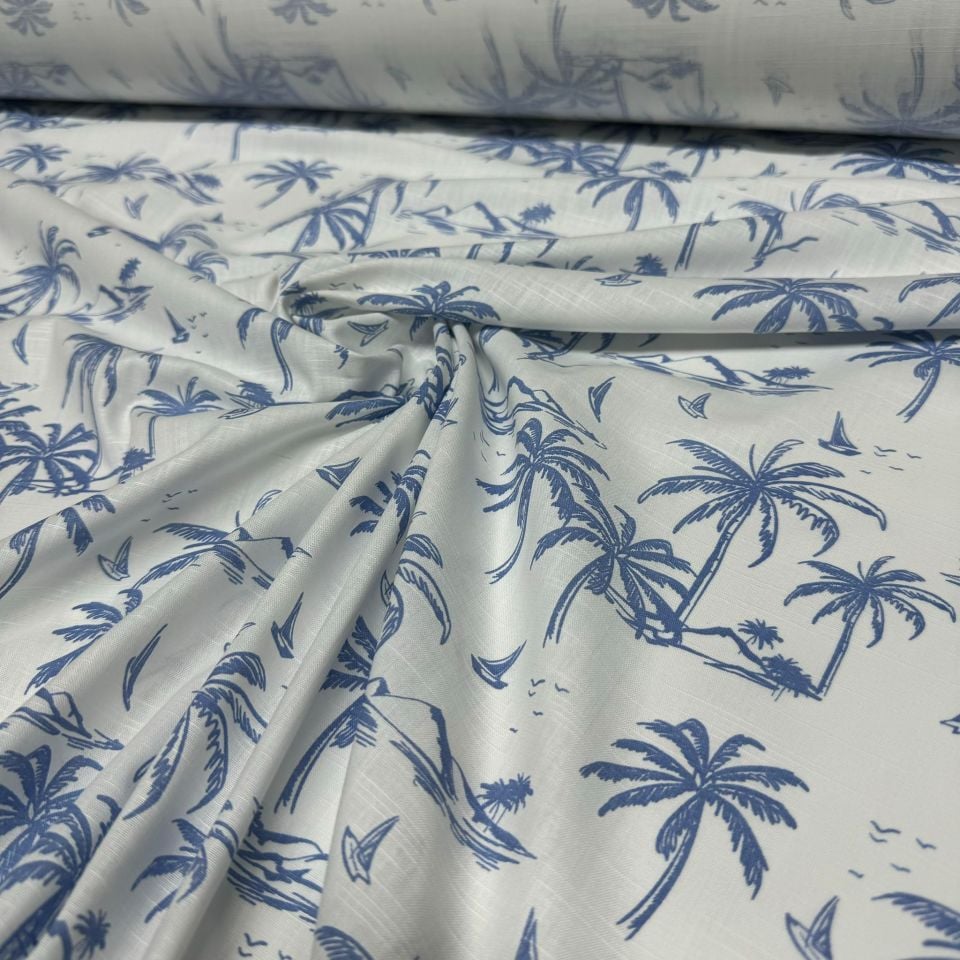 Flam Keten Kumaş %100 Pamuk Mavi Palmiye Desenli Çift En