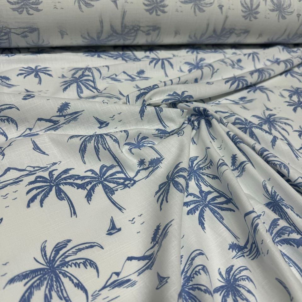 Flam Keten Kumaş %100 Pamuk Mavi Palmiye Desenli Çift En