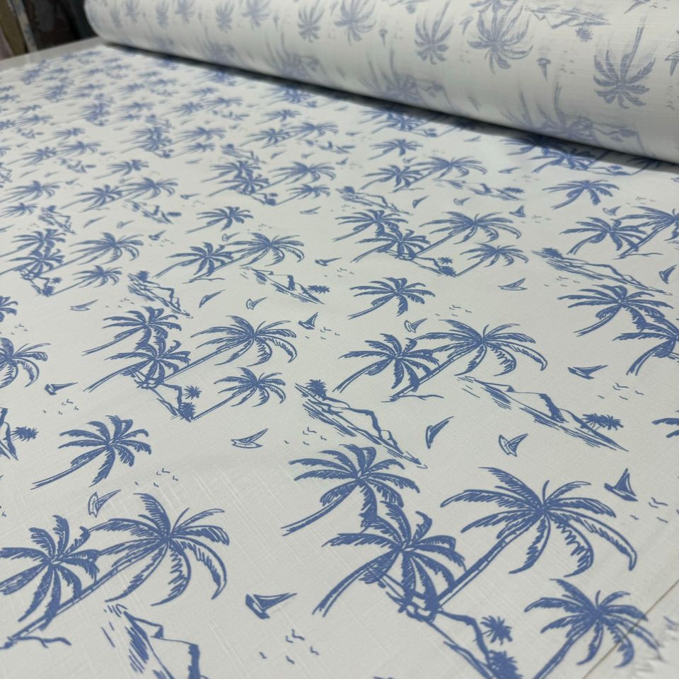 Flam Keten Kumaş %100 Pamuk Mavi Palmiye Desenli Çift En