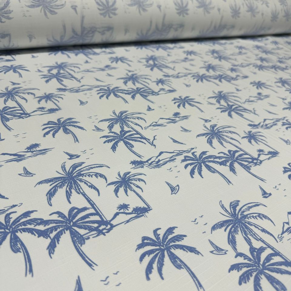 Flam Keten Kumaş %100 Pamuk Mavi Palmiye Desenli Çift En