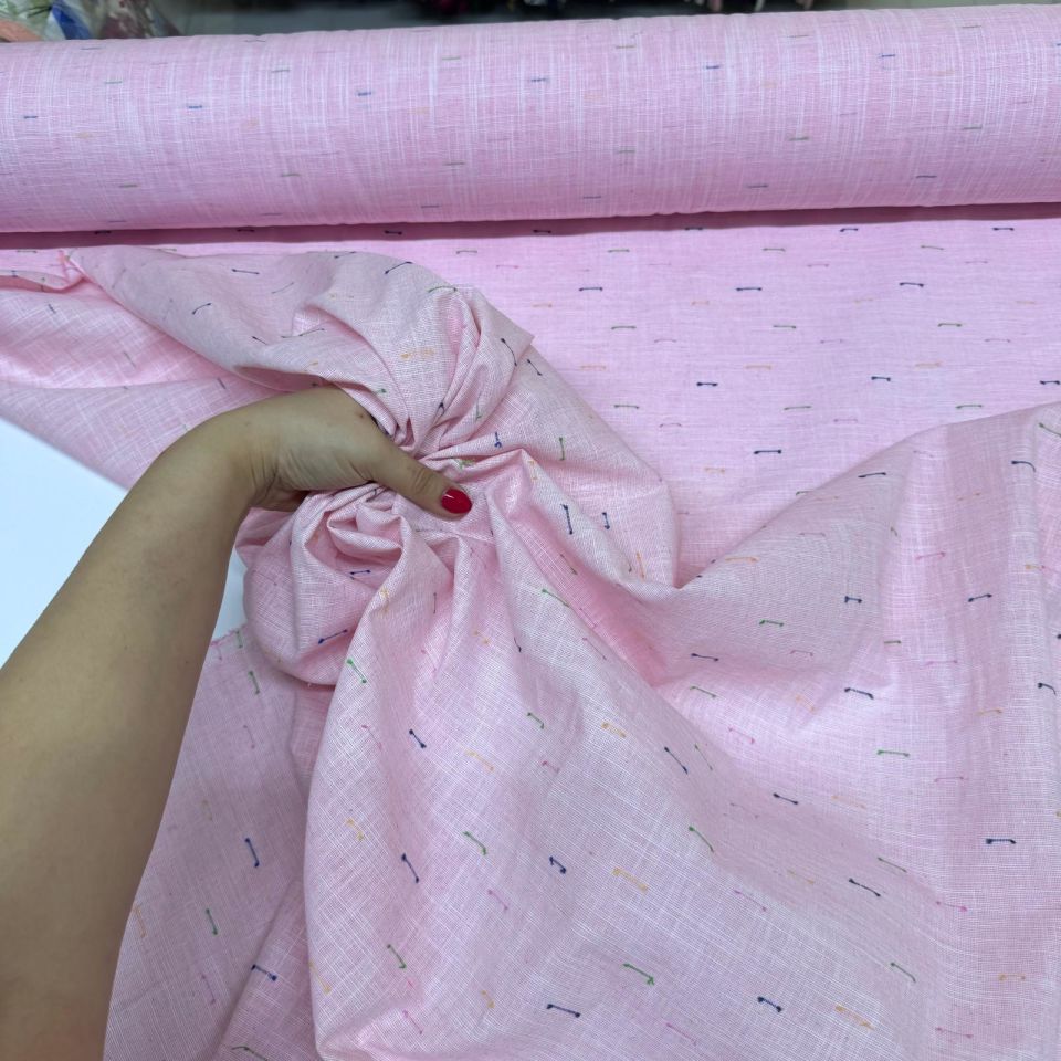 Flam Keten Kumaş %100 Pamuk Pembe Renk Renkli İp Detaylı Çift En