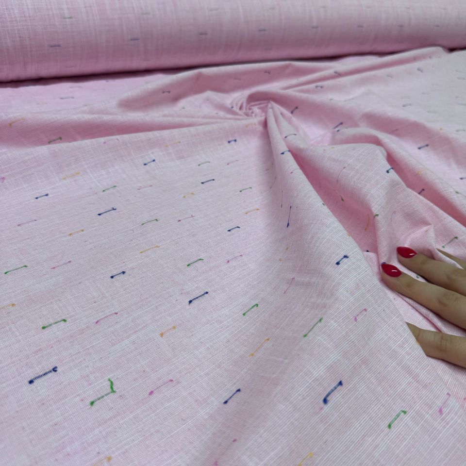 Flam Keten Kumaş %100 Pamuk Pembe Renk Renkli İp Detaylı Çift En