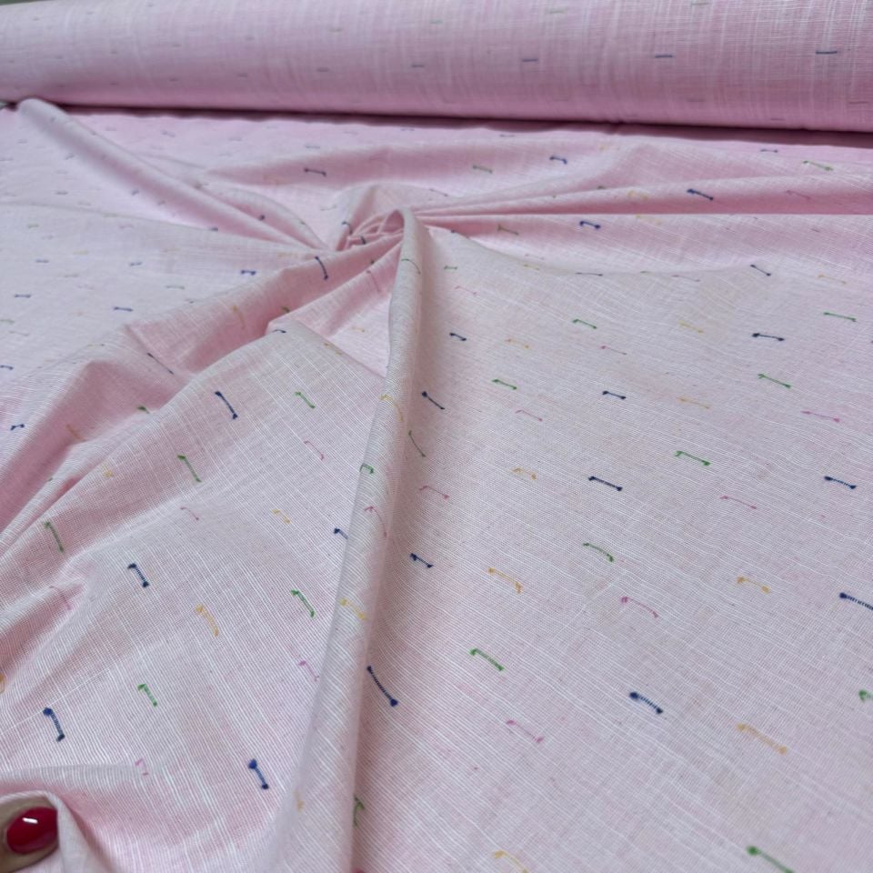 Flam Keten Kumaş %100 Pamuk Pembe Renk Renkli İp Detaylı Çift En