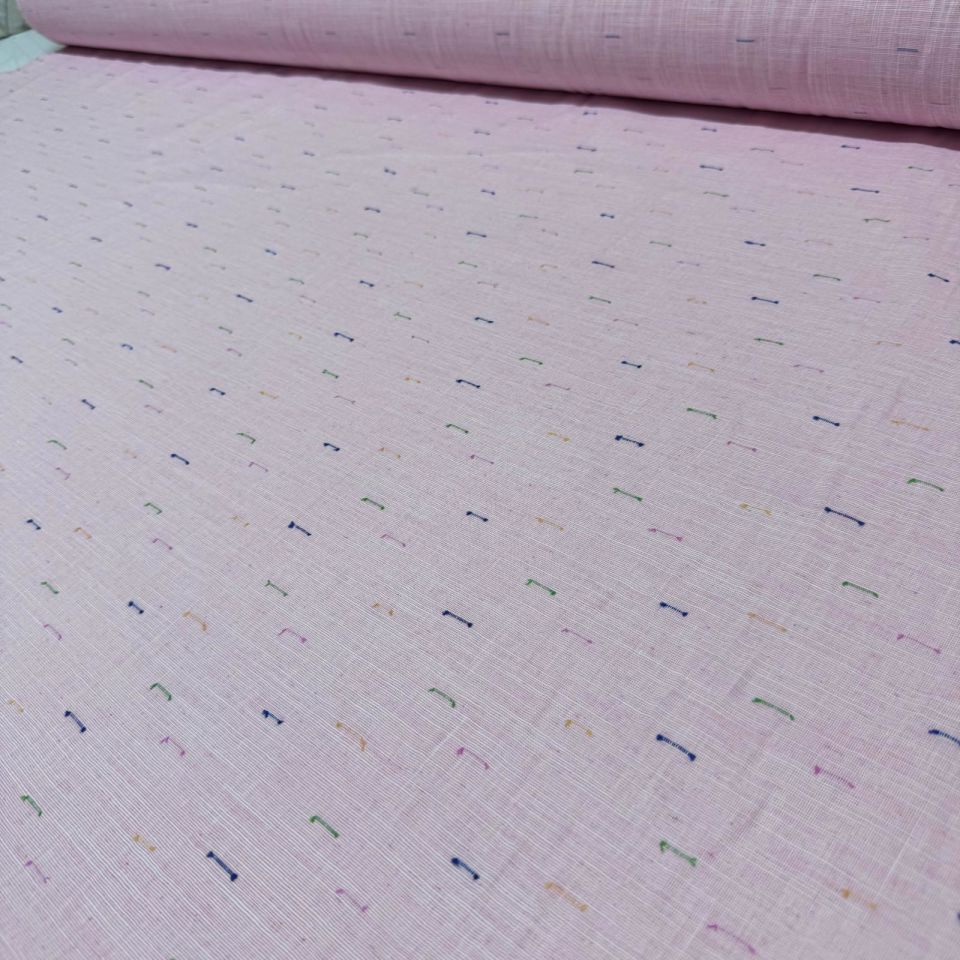 Flam Keten Kumaş %100 Pamuk Pembe Renk Renkli İp Detaylı Çift En