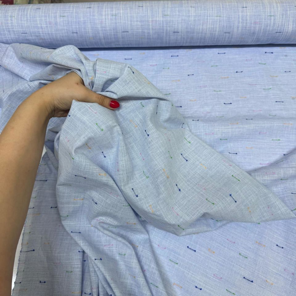 Flam Keten Kumaş %100 Pamuk Mavi Renk Renkli İp Detaylı Çift En