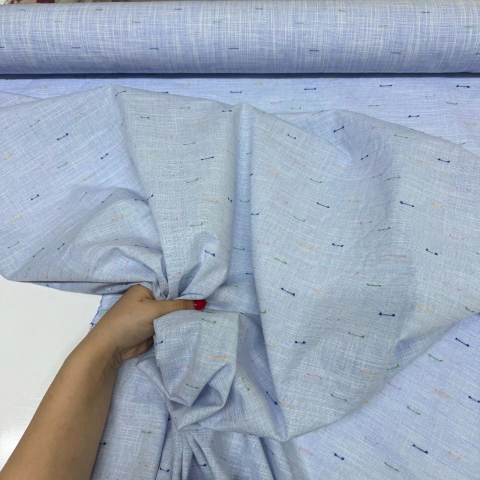 Flam Keten Kumaş %100 Pamuk Mavi Renk Renkli İp Detaylı Çift En