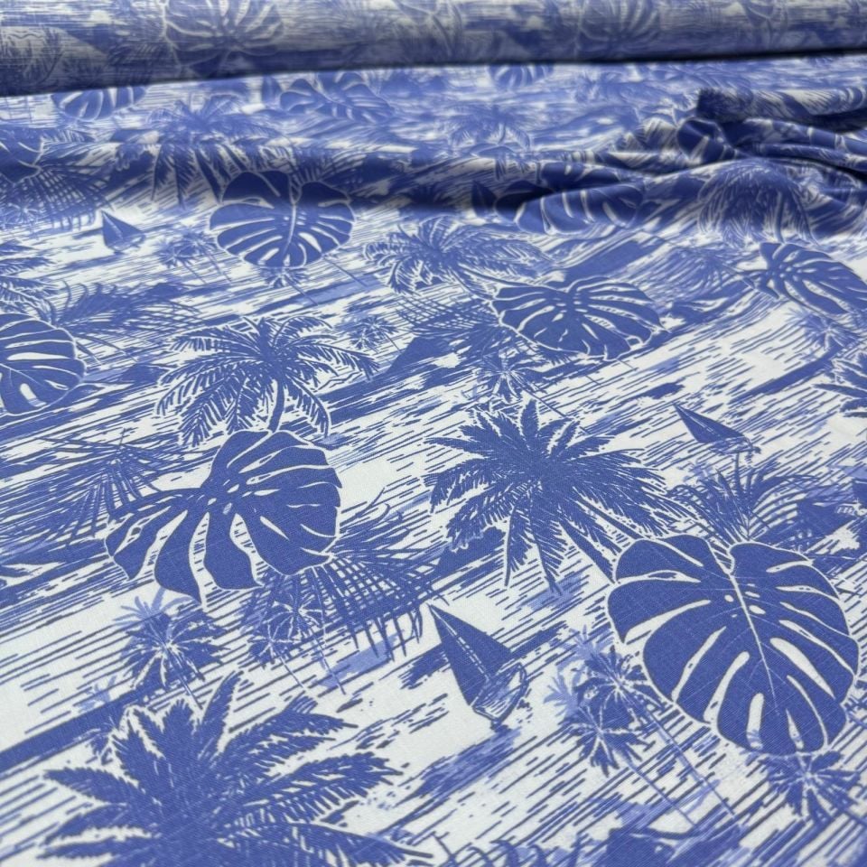 Flam Keten Kumaş %100 Pamuk Çift En Mavi Renk Yaprak Desenli