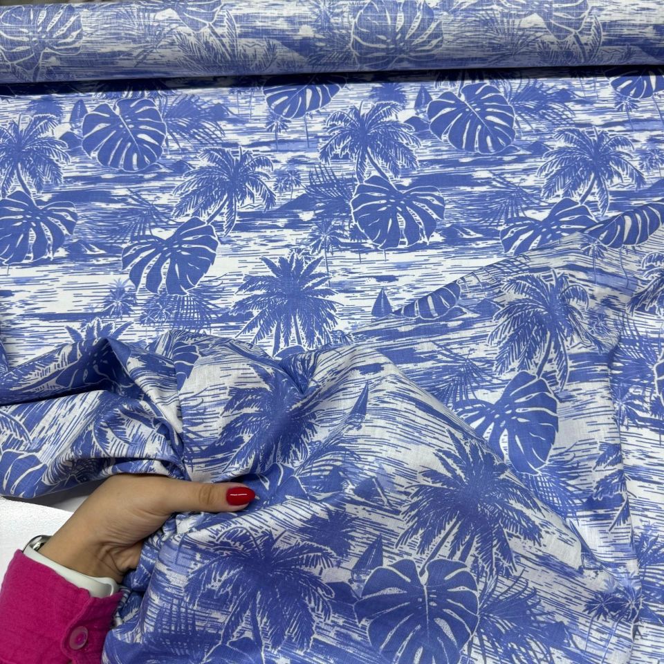 Flam Keten Kumaş %100 Pamuk Çift En Mavi Renk Yaprak Desenli