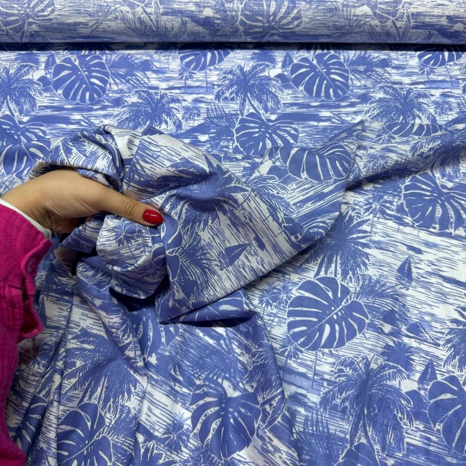 Flam Keten Kumaş %100 Pamuk Çift En Mavi Renk Yaprak Desenli