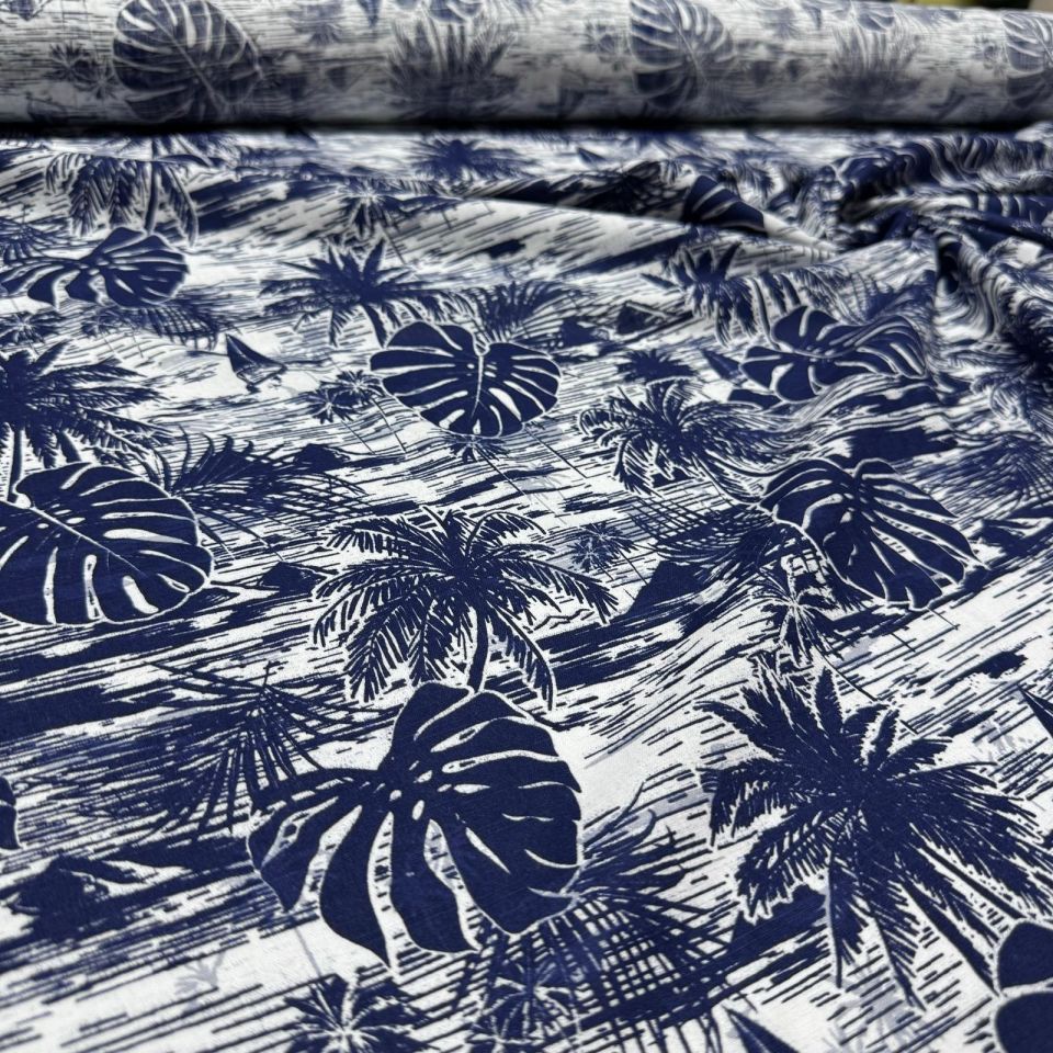 Flam Keten Kumaş %100 Pamuk Çift En Lacivert Renk Yaprak Desenli