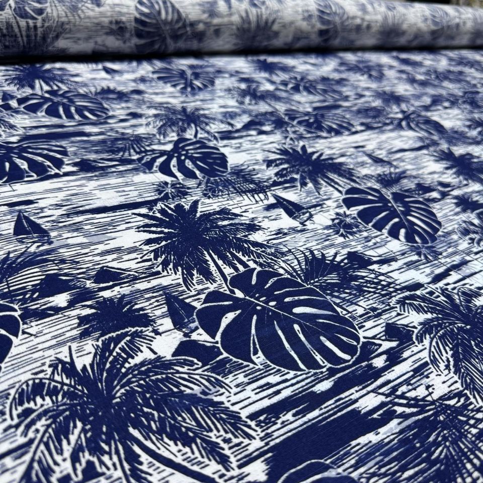 Flam Keten Kumaş %100 Pamuk Çift En Lacivert Renk Yaprak Desenli