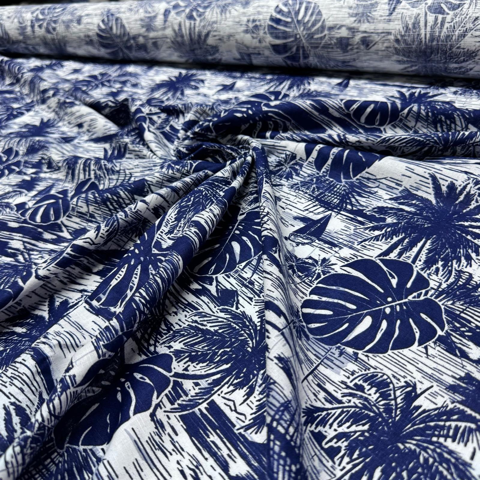 Flam Keten Kumaş %100 Pamuk Çift En Lacivert Renk Yaprak Desenli