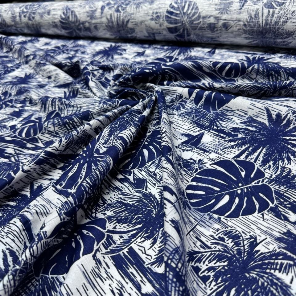 Flam Keten Kumaş %100 Pamuk Çift En Lacivert Renk Yaprak Desenli