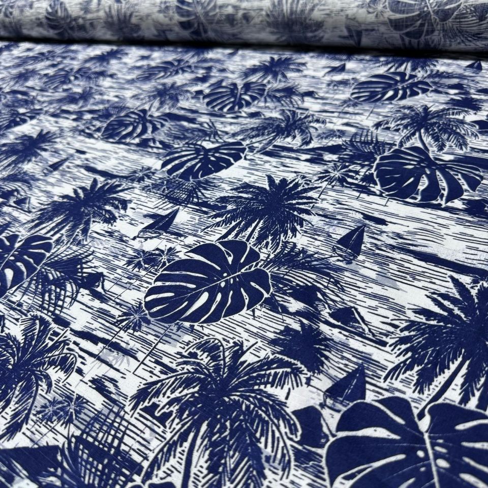Flam Keten Kumaş %100 Pamuk Çift En Lacivert Renk Yaprak Desenli