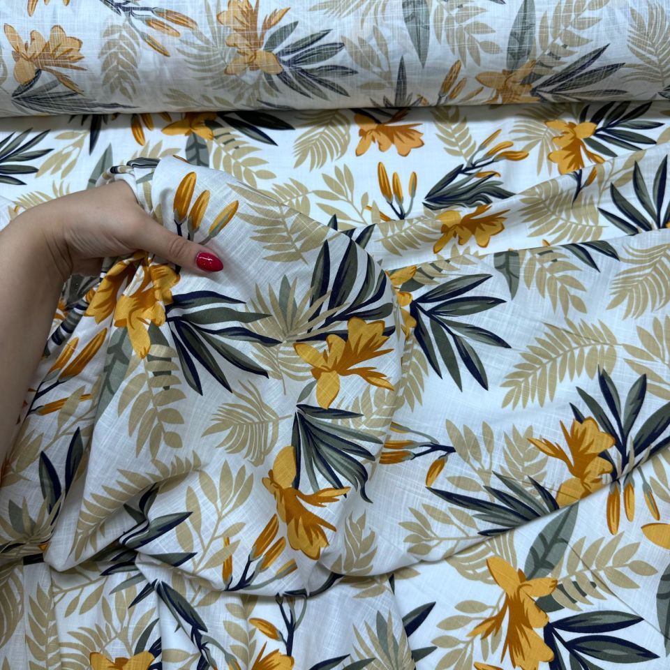 Flam Keten Kumaş %100 Pamuk Çift En Turuncu Çiçek Desenli