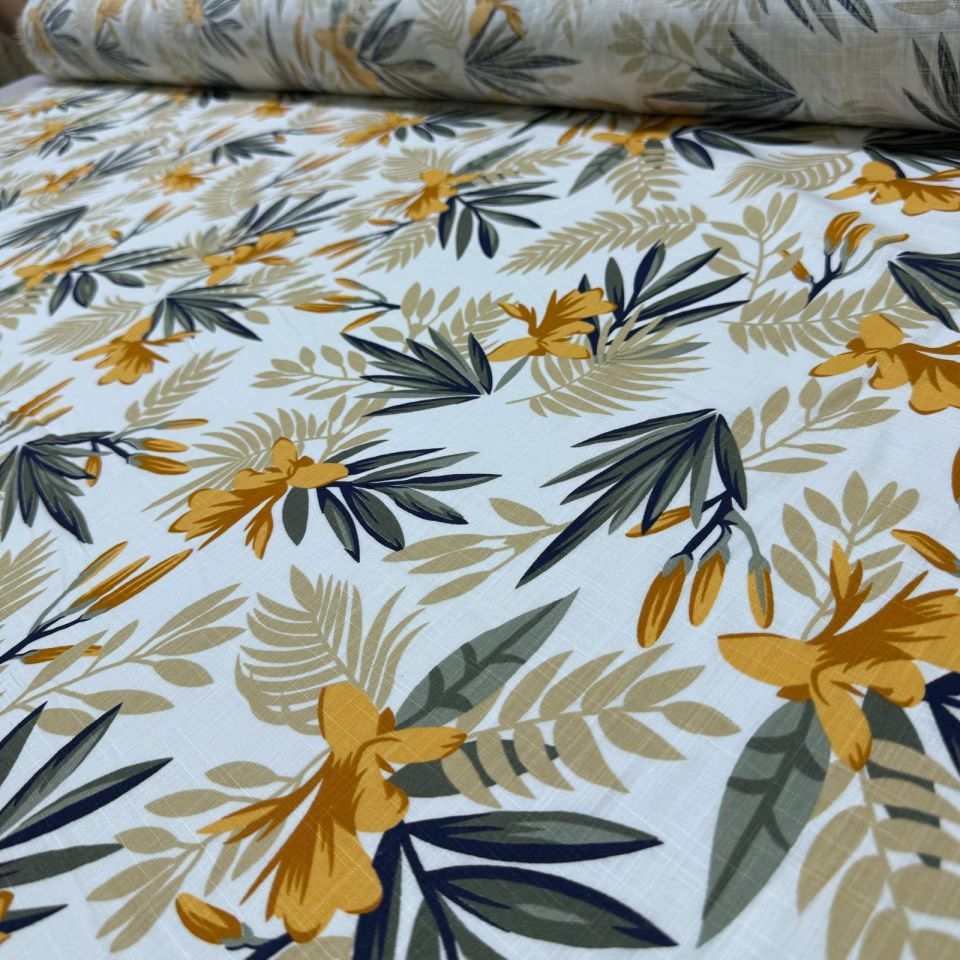 Flam Keten Kumaş %100 Pamuk Çift En Turuncu Çiçek Desenli