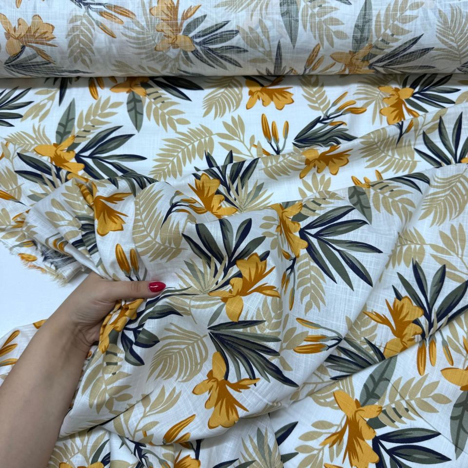 Flam Keten Kumaş %100 Pamuk Çift En Turuncu Çiçek Desenli