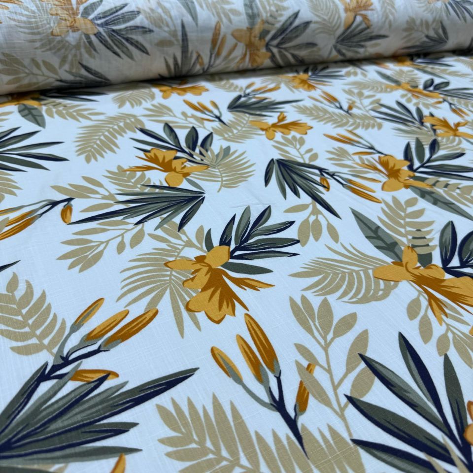 Flam Keten Kumaş %100 Pamuk Çift En Turuncu Çiçek Desenli