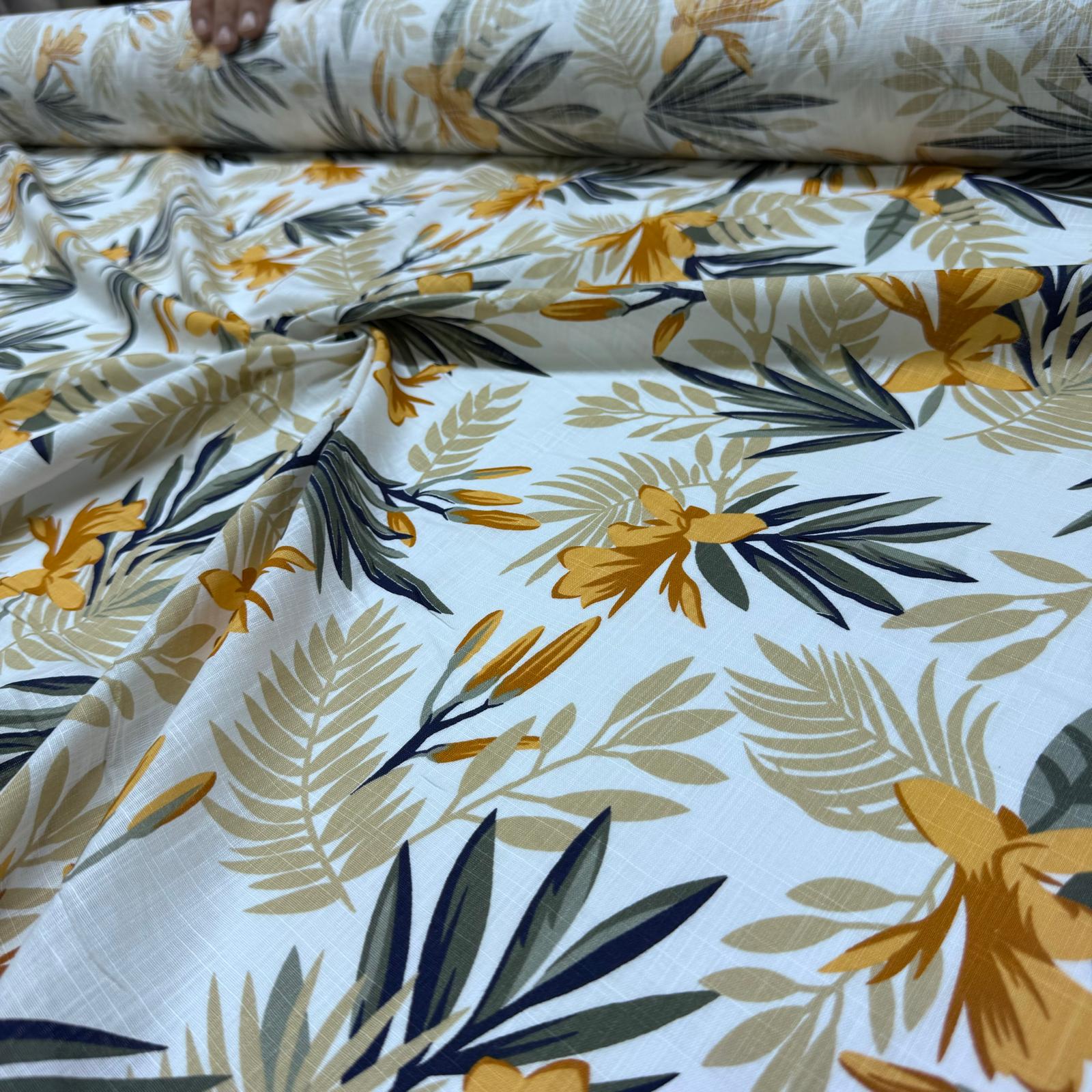 Flam Keten Kumaş %100 Pamuk Çift En Turuncu Çiçek Desenli