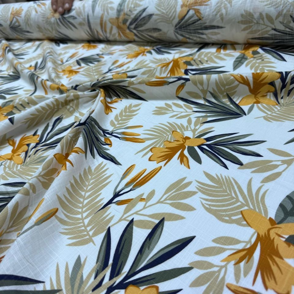 Flam Keten Kumaş %100 Pamuk Çift En Turuncu Çiçek Desenli