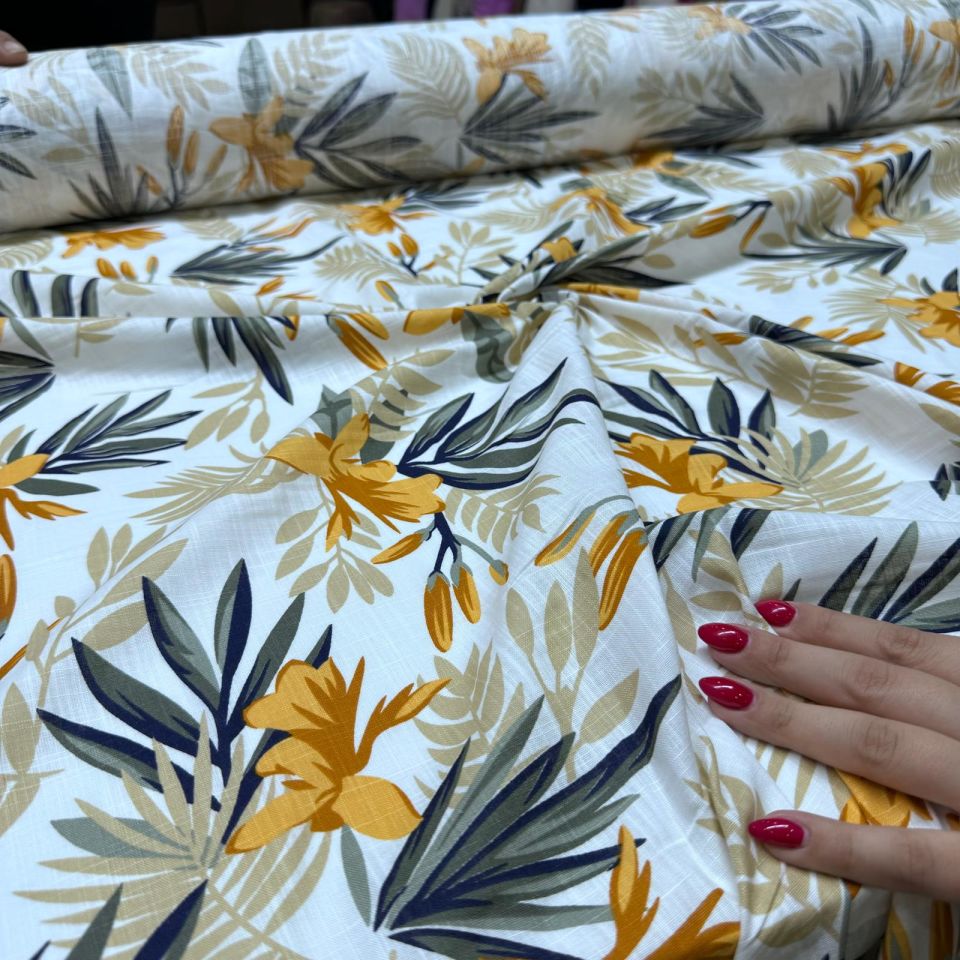 Flam Keten Kumaş %100 Pamuk Çift En Turuncu Çiçek Desenli