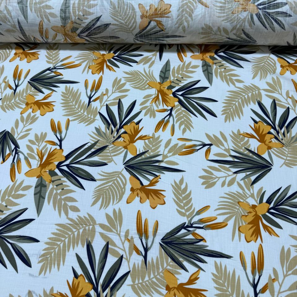 Flam Keten Kumaş %100 Pamuk Çift En Turuncu Çiçek Desenli