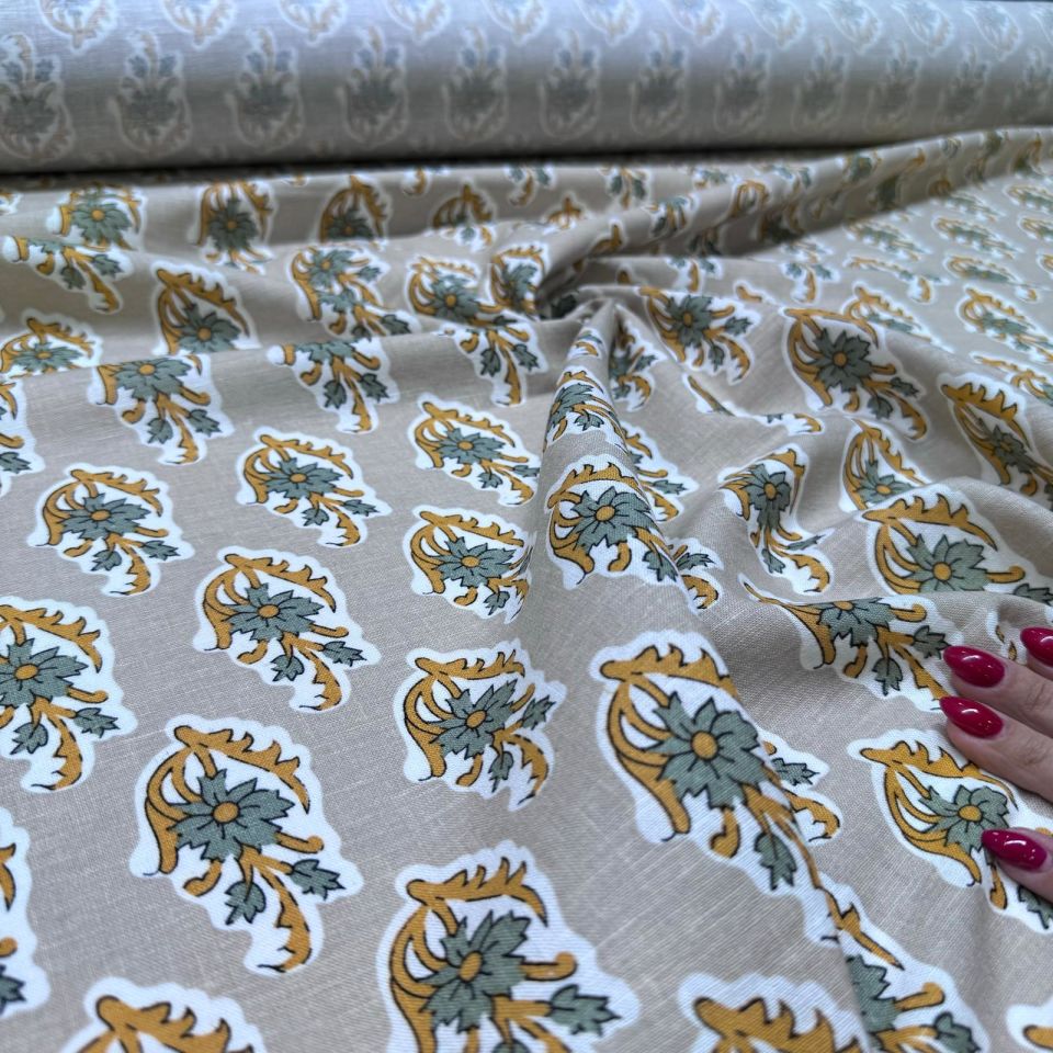 Flam Keten Kumaş %100 Pamuk Çift En Haki Turuncu Çiçek Desenli