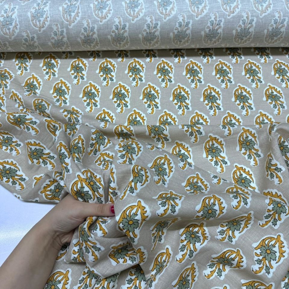 Flam Keten Kumaş %100 Pamuk Çift En Haki Turuncu Çiçek Desenli