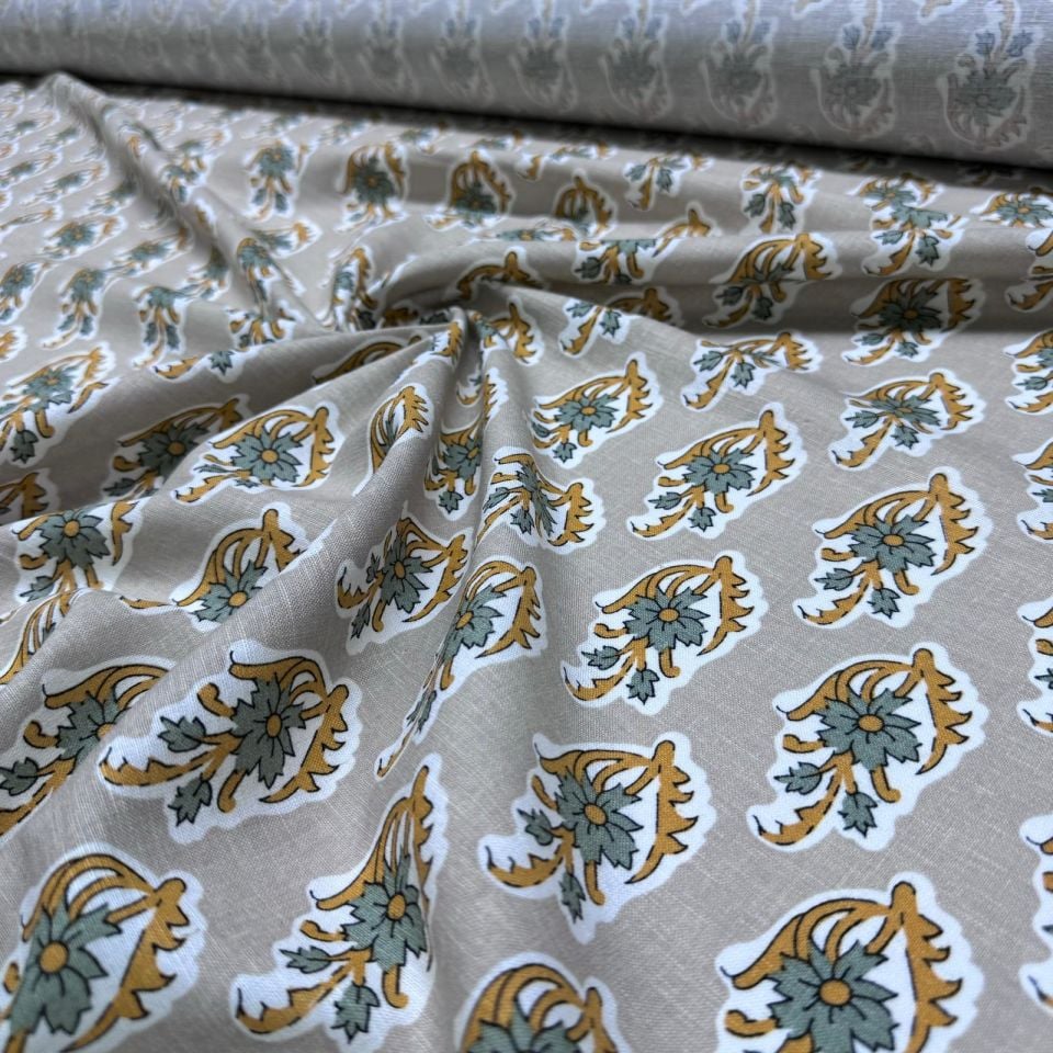 Flam Keten Kumaş %100 Pamuk Çift En Haki Turuncu Çiçek Desenli